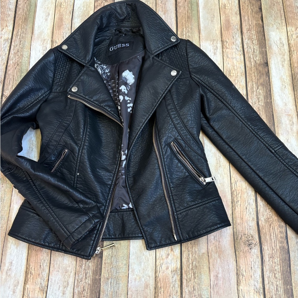 Guess Black Faux- Leather Moto Jacket Asymmetrical Design